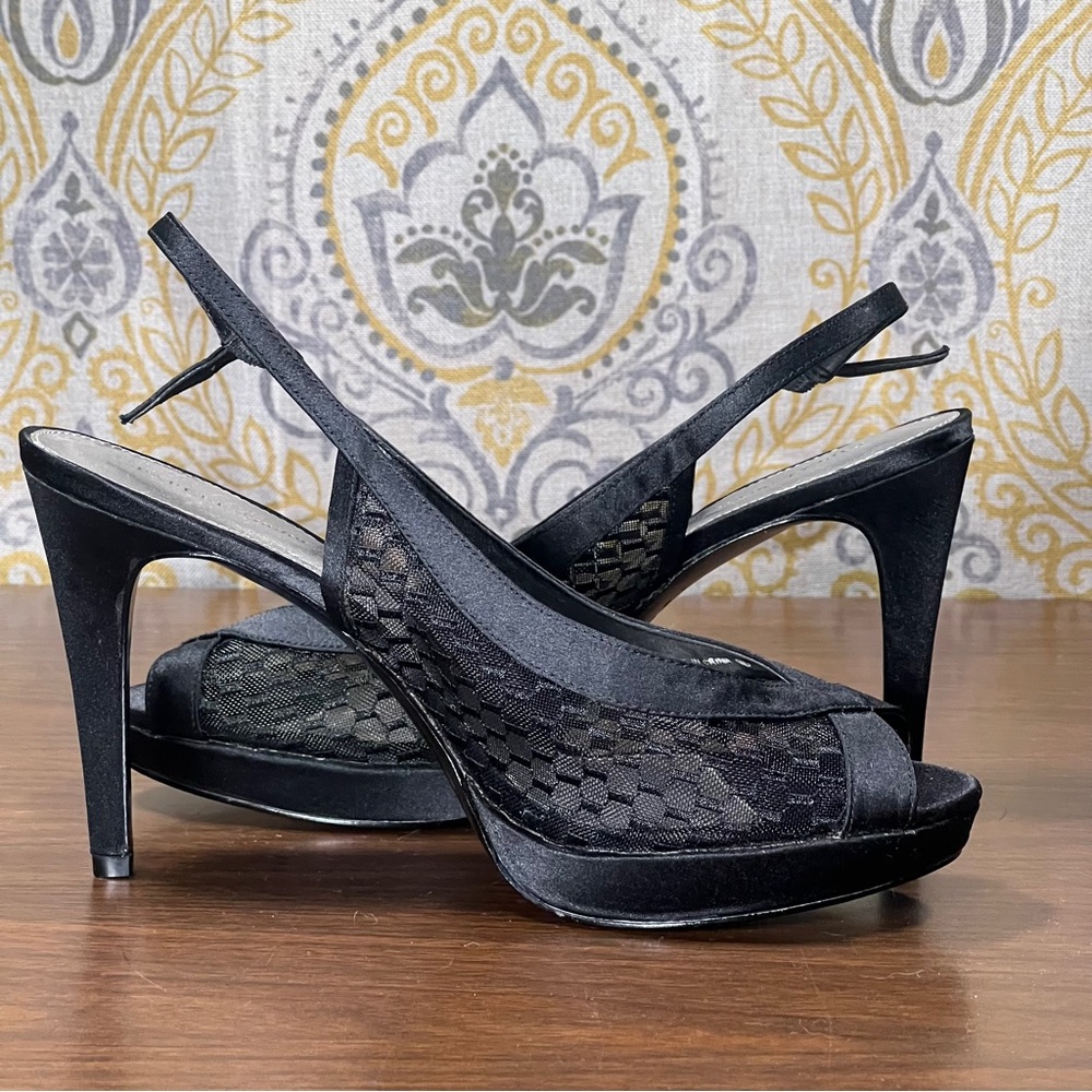 Papell Studio Black Satin Sheer Peeptoe Slingback Platform Heels - Size 8.5